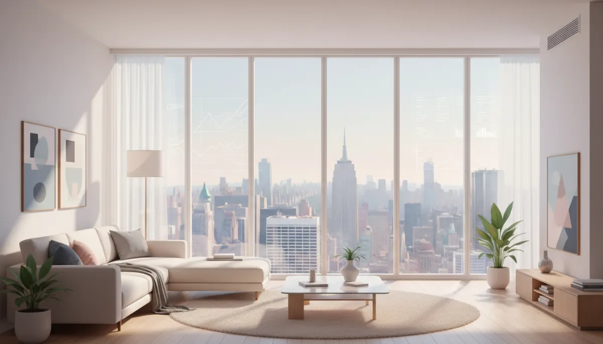 Professional interior of a modern Manhattan condo living room overlooking skyline