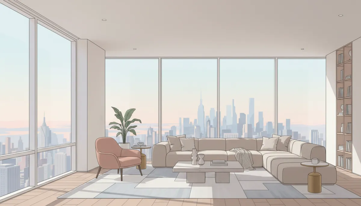 Professional interior of a Manhattan luxury apartment with expansive skyline views Professional interior of a Manhattan luxury apartment with expansive skyline views
