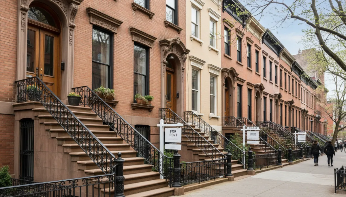 Row of Brooklyn brownstones with rental and sale signs on the stoops Row of Brooklyn brownstones with rental and sale signs on the stoops