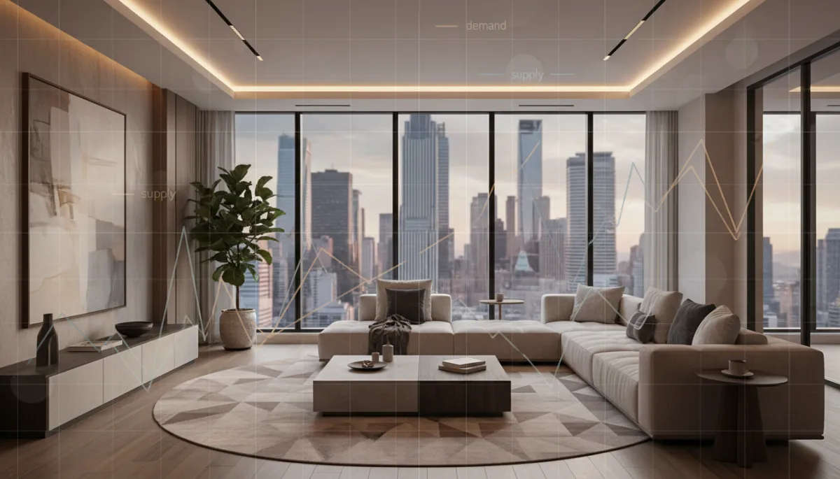 Modern Manhattan condo interior with chart overlay representing housing supply and demand Modern Manhattan condo interior with chart overlay representing housing supply and demand
