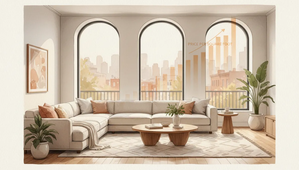 professional interior of a modern Brooklyn condo living room with large windows, subtle overlay of price per square foot chart, neutral tones professional interior of a modern Brooklyn condo living room with large windows, subtle overlay of price per square foot chart, neutral tones