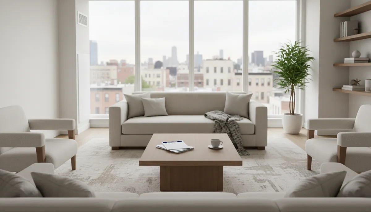Staged Brooklyn condo living room prepared for sale Staged Brooklyn condo living room prepared for sale