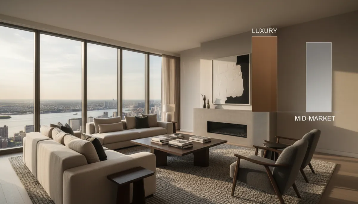 Professional interior of Manhattan condo with chart overlay showing differing days on market Professional interior of Manhattan condo with chart overlay showing differing days on market