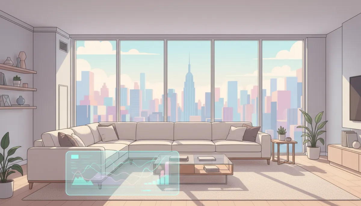 Modern Manhattan condo living room with skyline views and subtle market data overlay Modern Manhattan condo living room with skyline views and subtle market data overlay
