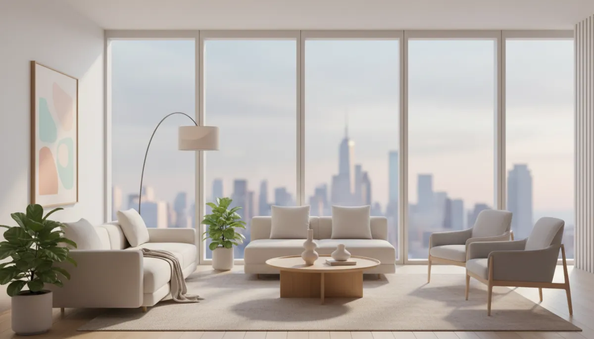 Professionally staged Manhattan condo living room with large windows and city views Professionally staged Manhattan condo living room with large windows and city views