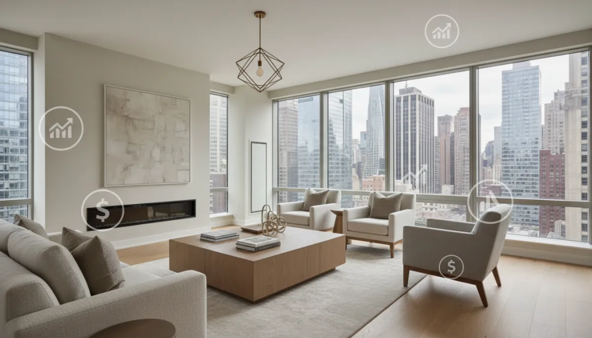 Professional interior of a modern Manhattan condo living room with negotiation concept