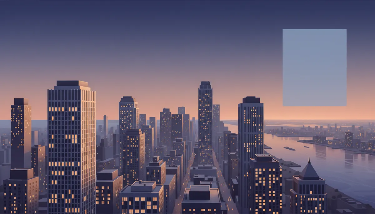 professional aerial view of Manhattan luxury residential towers at dusk with warm interior lights glowing, neutral color grading, subtle text overlay area in sky