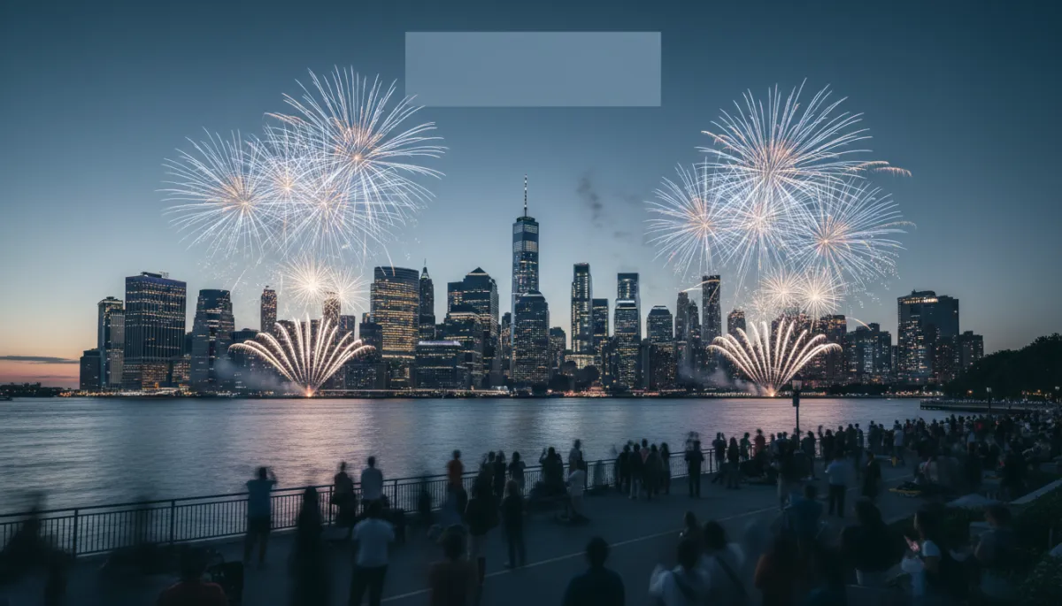 professional photorealistic wide shot of a summer evening in New York City with crowds along the East River watching fireworks over the skyline, neutral color palette with soft blues and warm whites, subtle text overlay area in the sky