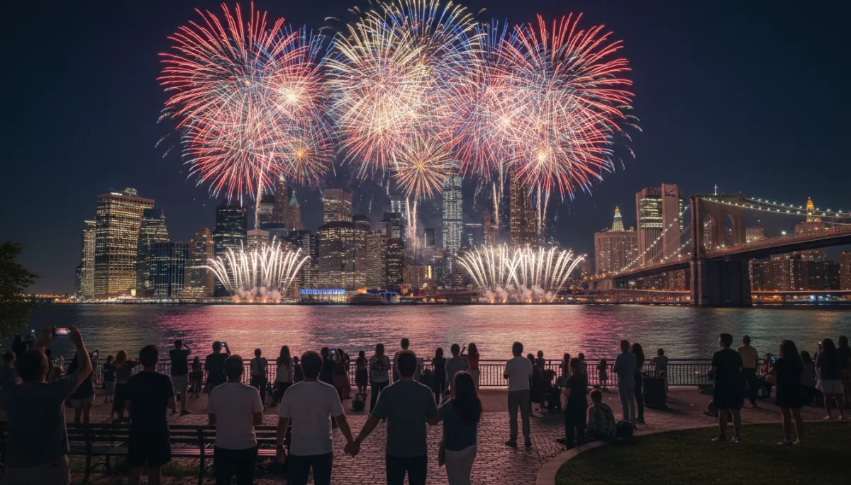 professional style wide-angle night view of New York City skyline with Macy’s 4th of July fireworks exploding over the Hudson River, Brooklyn Bridge and Manhattan skyscrapers lit in neutral tones, people watching from a riverside park