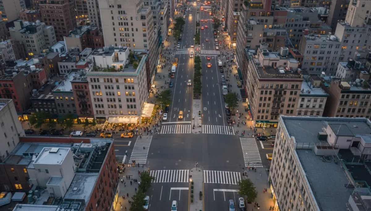 professional, early evening aerial view of Manhattan streets with people walking, outdoor café seating, subtle city lights and neutral tones, conveying a relaxed summer weekend atmosphere