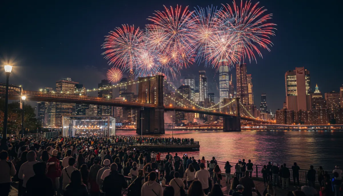 photographic realistic wide-angle night view of New York City skyline along the East River, crowds gathered by the waterfront watching massive July 4 fireworks exploding over Brooklyn Bridge, neutral color tones with warm lights