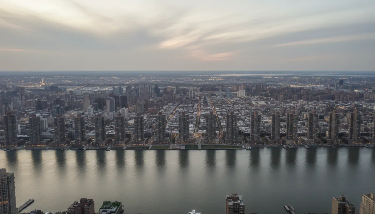 professional neutral-toned aerial view of Manhattan skyline at dusk, subtle lights in residential towers, calm Hudson River in foreground, soft overcast sky, clean editorial style