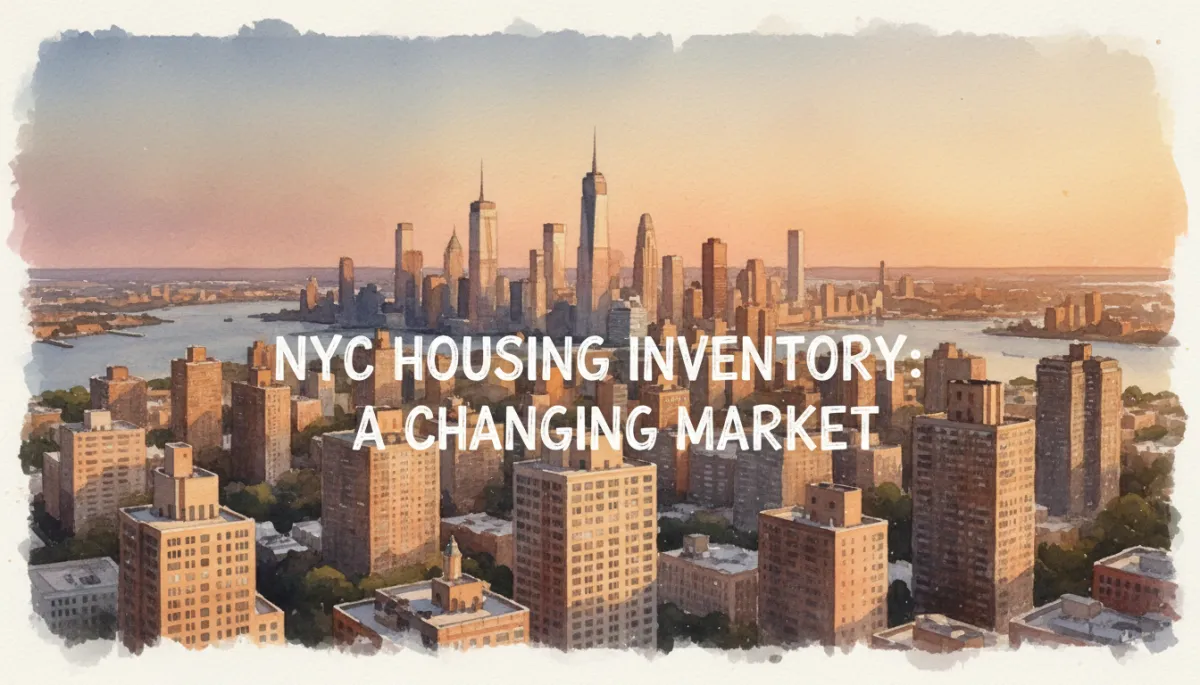 professional neutral-toned aerial view of Manhattan skyline at sunset with residential high-rises in foreground and subtle text overlay about NYC housing inventory