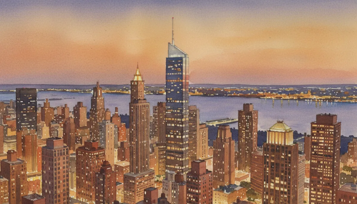 professional neutral-toned aerial view of Manhattan luxury residential towers at dusk, warm interior lights in high-rise condos, calm Hudson river in background, subtle text overlay space in sky area