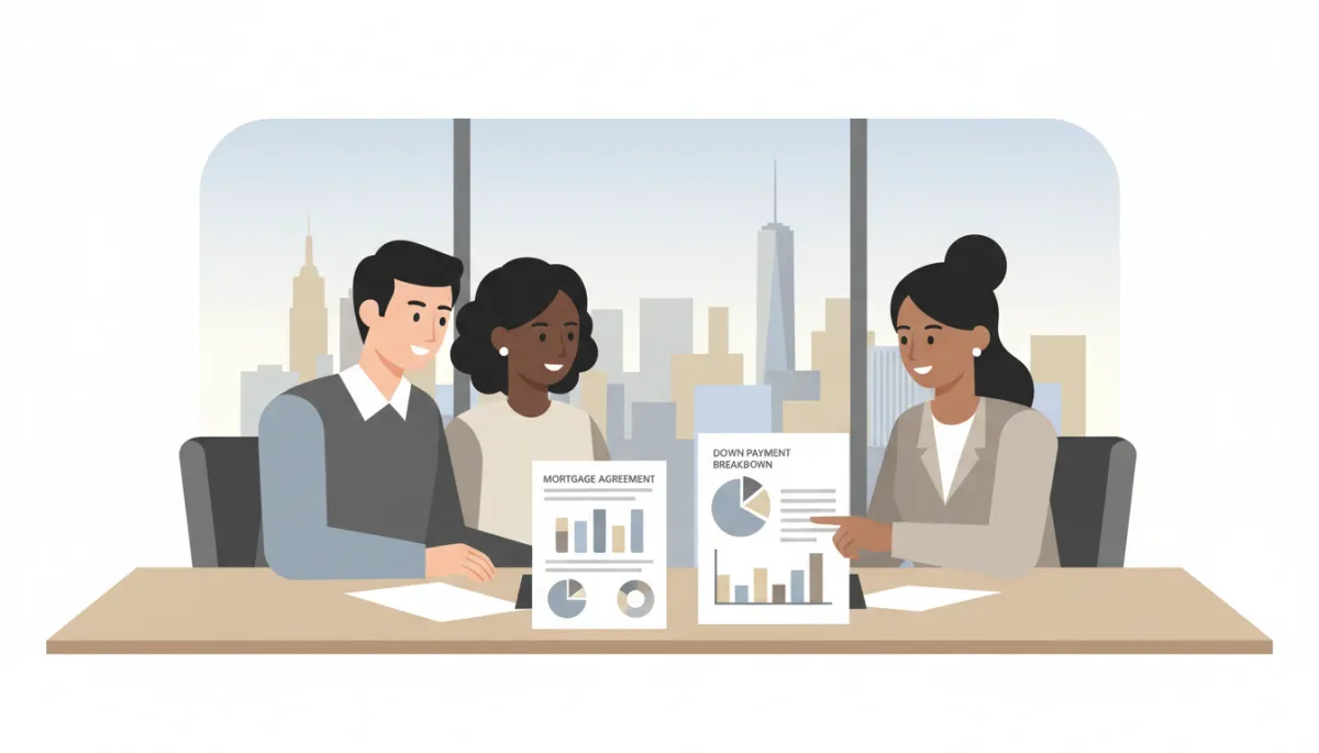professional neutral-toned photo of diverse couple reviewing mortgage and down payment documents with a housing counselor at a desk, NYC skyline softly visible through window in background