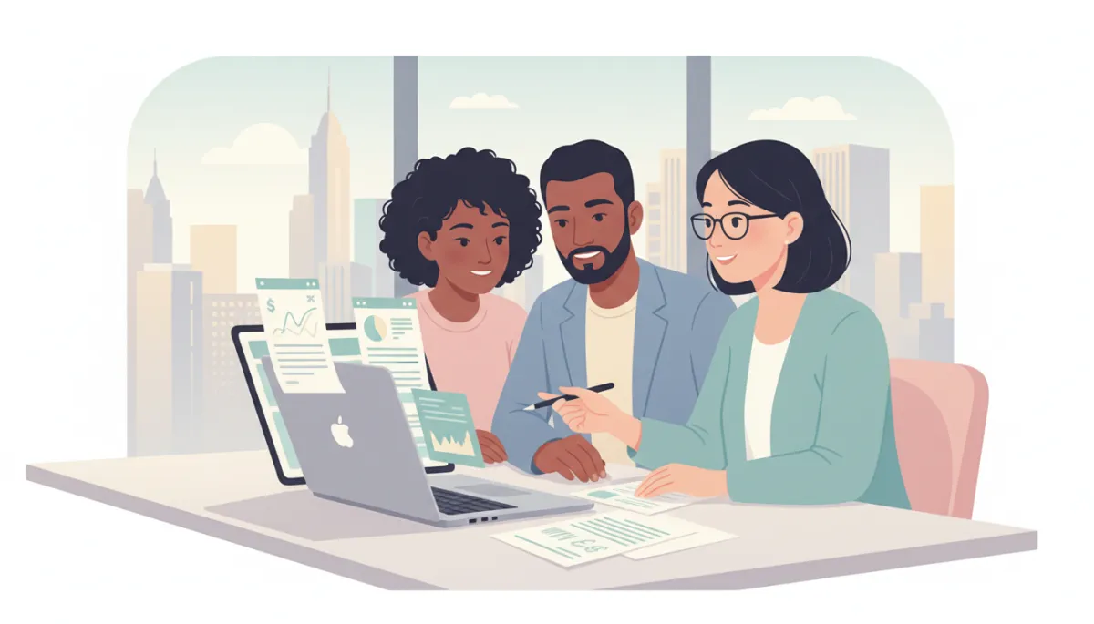 professional style neutral color photo of a diverse young couple sitting with a housing counselor at a desk, reviewing mortgage and down payment assistance documents on a laptop, New York City skyline blurred through the window behind them