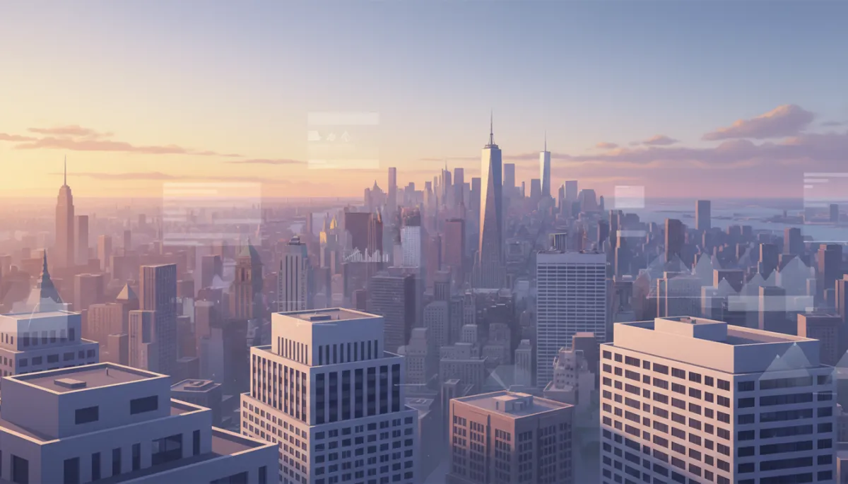 professional aerial view of Manhattan skyline at dusk with residential towers in foreground, subtle neutral color grading, overlaid translucent text blocks suggesting data and charts