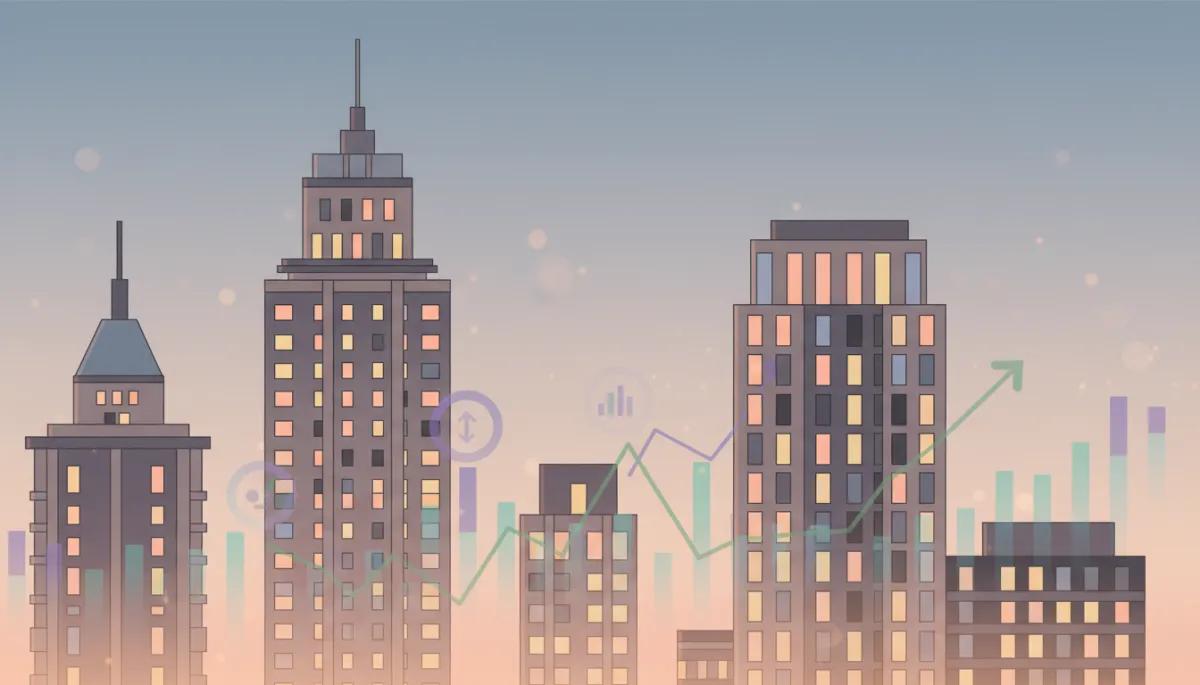 professional aerial view of Manhattan condo and co-op buildings at dusk, muted neutral tones, subtle overlay of financial charts and monthly cost figures