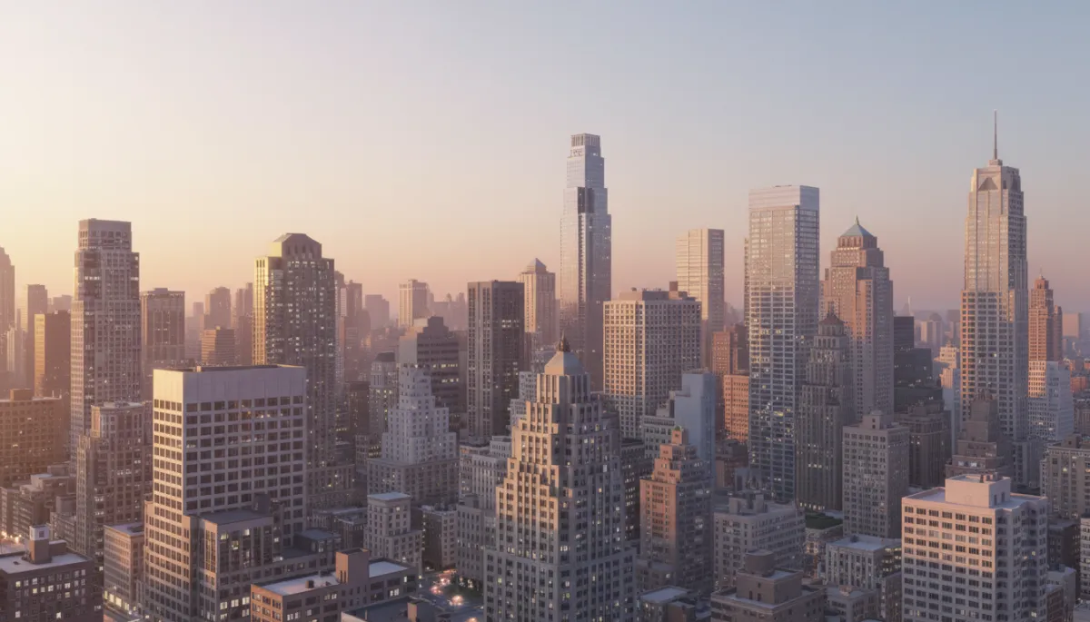 professional aerial view of Manhattan residential high-rises at sunset, subtle neutral tones, overlay space for title text