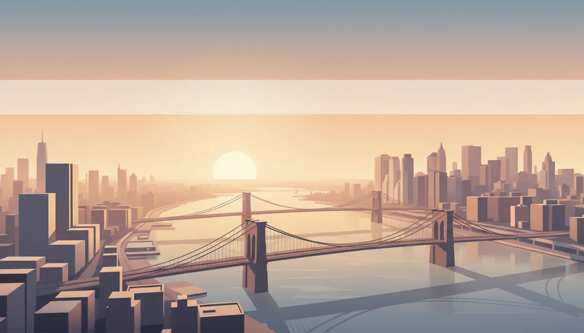 professional neutral-toned aerial view of Manhattan and Brooklyn skyline at golden hour, bridges and waterfront visible, subtle overlay space for headline text