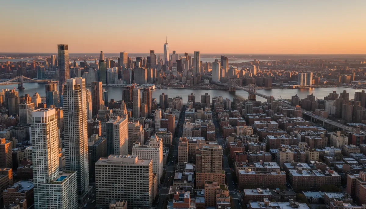 professional, neutral-toned aerial view of Manhattan and Brooklyn skyline at sunset, luxury high-rise towers in Manhattan on the left, lower-rise Brooklyn co-op buildings on the right, soft golden light highlighting the contrast between the two boroughs