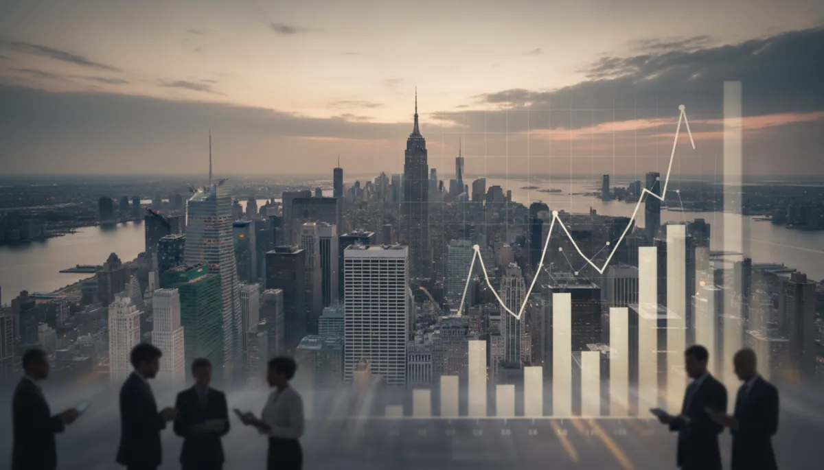 professional neutral-toned aerial view of Manhattan skyline at dusk with subtle overlay of financial charts and silhouettes of international buyers, modern cityscape with muted colors