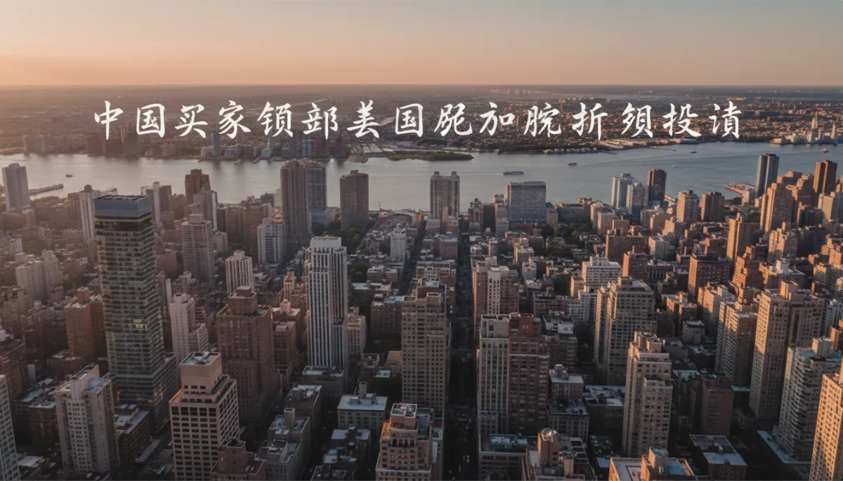 professional aerial view of Manhattan skyline at sunset with high-rise residential and commercial buildings, Hudson River in background, soft neutral color palette, subtle text overlay in Chinese about Chinese buyers leading US real estate foreign investment