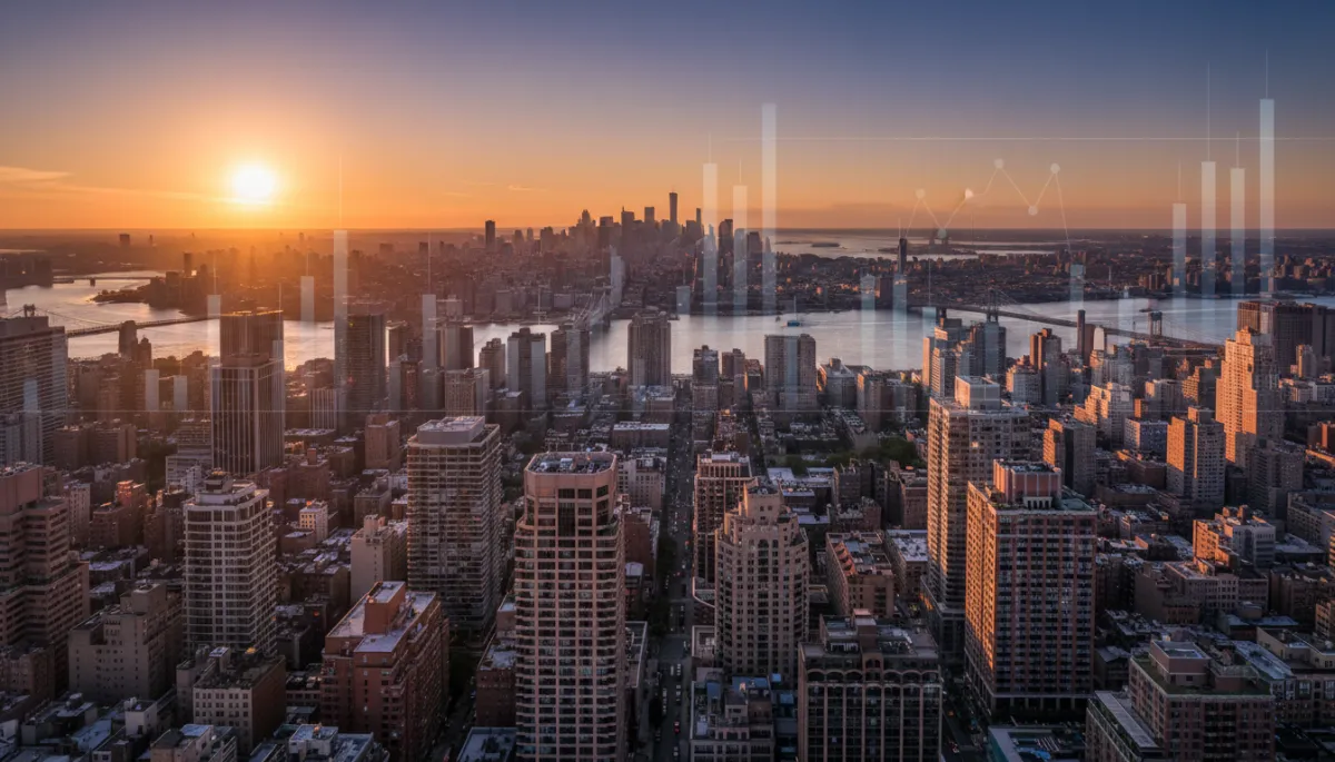 professional aerial view of Manhattan skyline at sunset with residential high-rises in foreground and subtle financial graphs overlaid in neutral tones