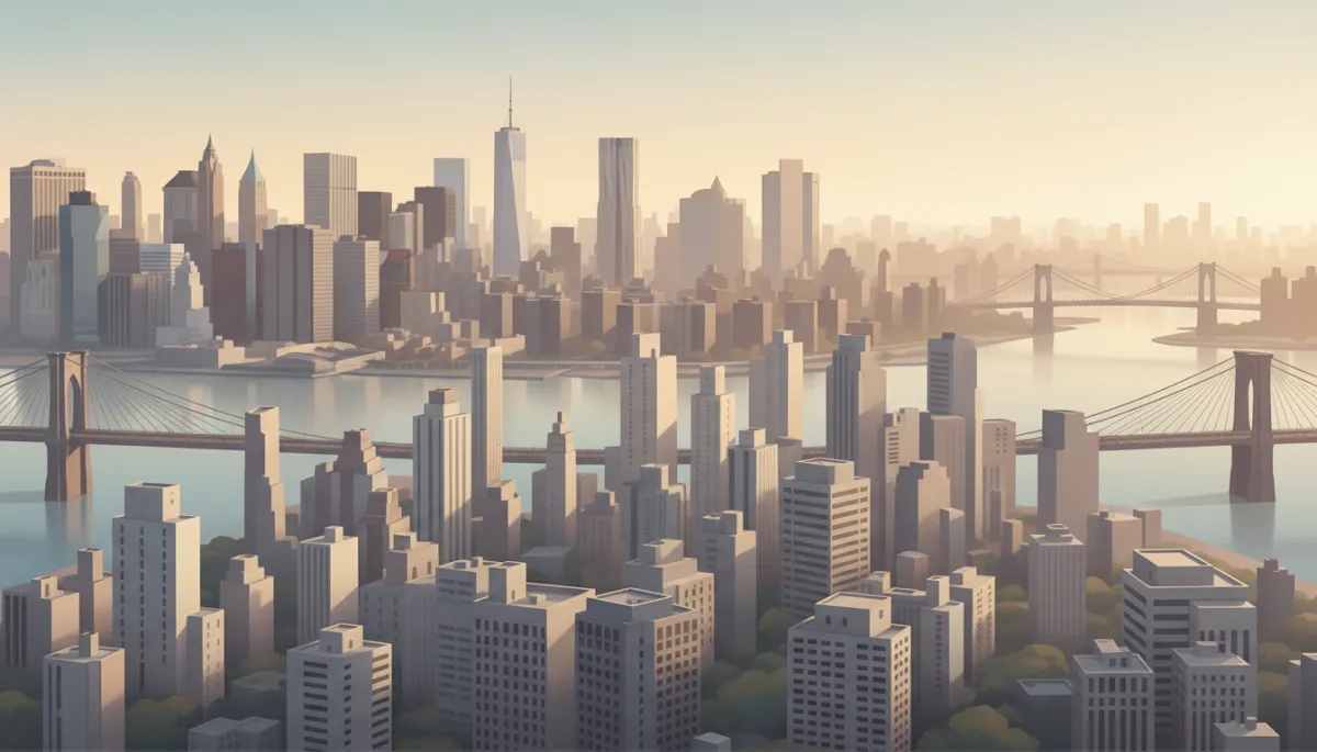 professional aerial view of Manhattan and Brooklyn skyline at golden hour, subtle focus on dense residential towers and bridges, neutral color palette with soft warm light