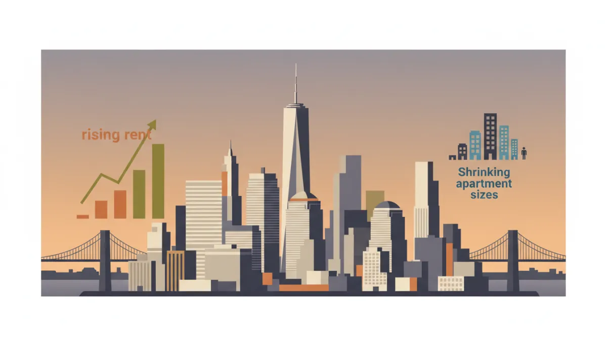 professional, neutral-toned aerial view of Manhattan and Brooklyn skyline at sunset, with subtle overlay graphics showing rising rent charts and shrinking apartment icons