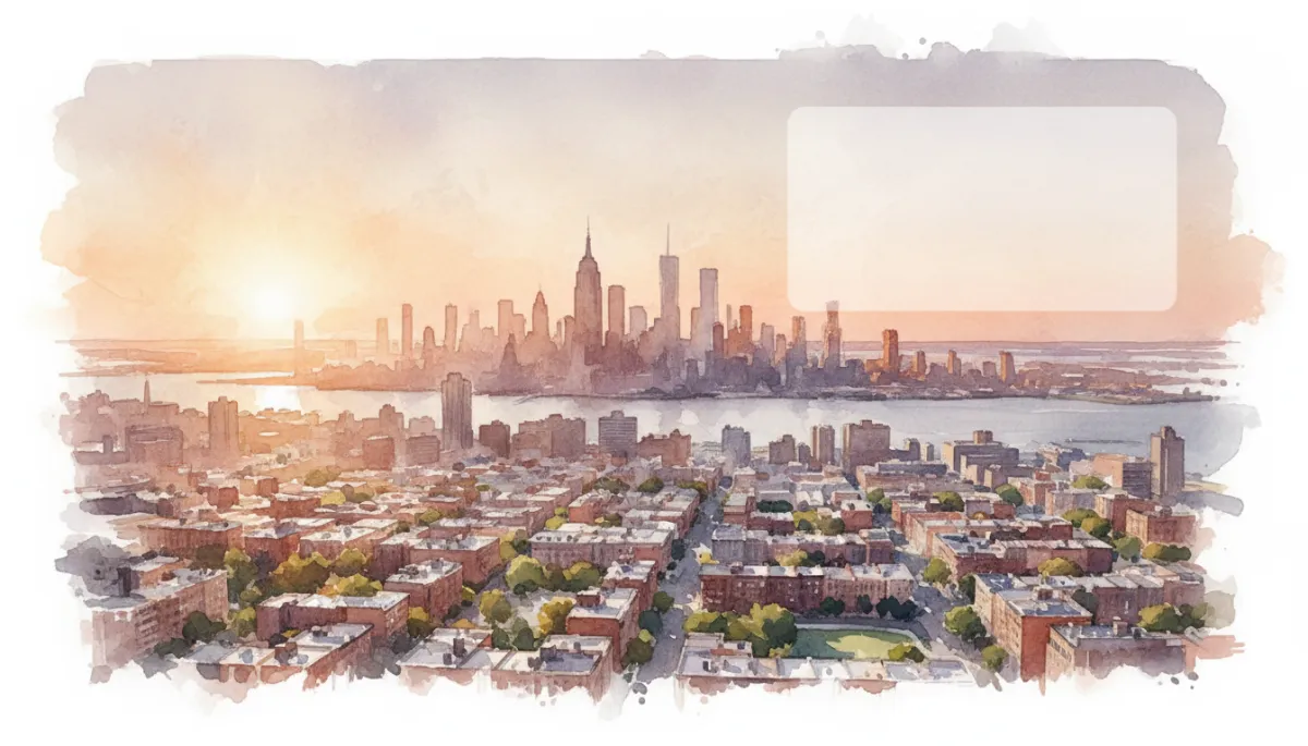 professional aerial view of New York City skyline at sunset with residential neighborhoods in foreground and Manhattan high-rises in distance, neutral color palette, subtle text overlay area in sky
