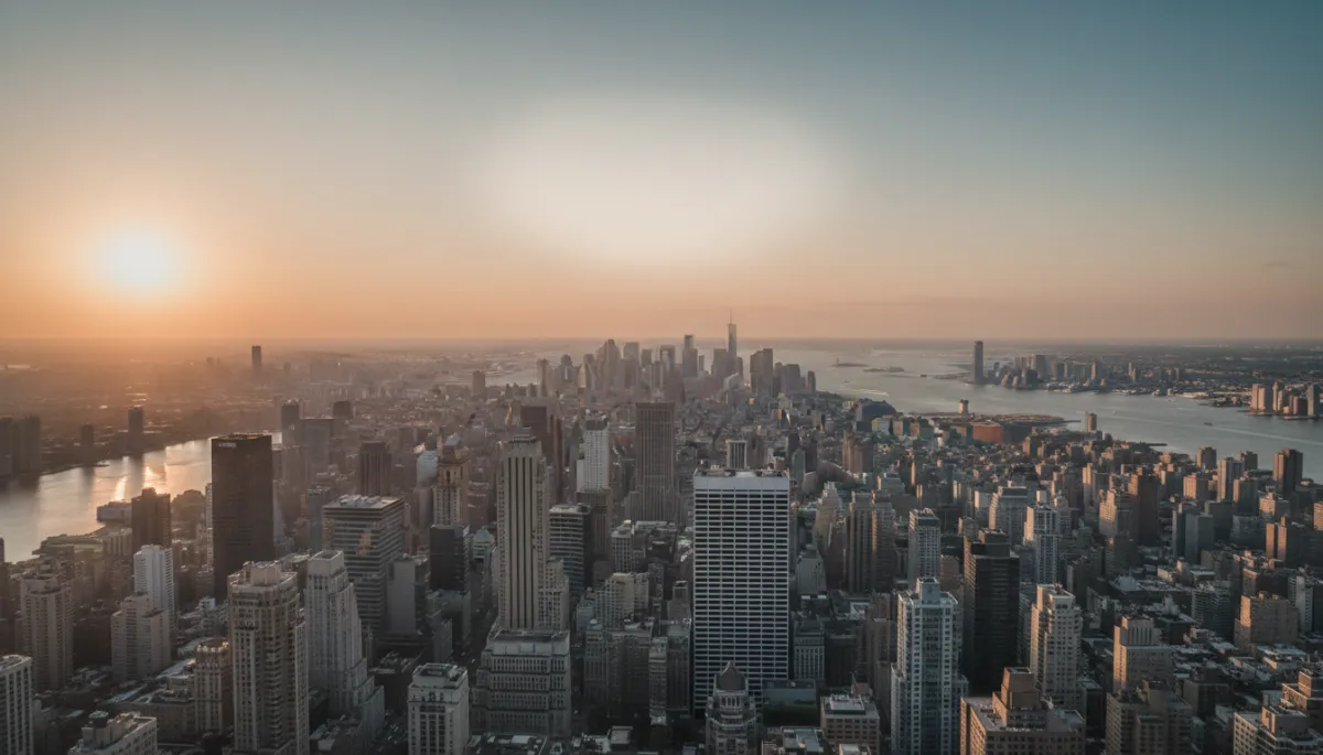 professional style aerial view of New York City skyline at sunset with residential and commercial buildings, neutral color palette, subtle text overlay space in sky area