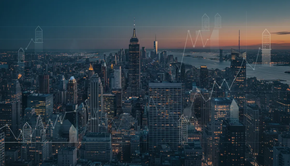 professional aerial view of Manhattan skyline at dusk with subtle overlay graphics of interest rate charts and housing icons, neutral color palette
