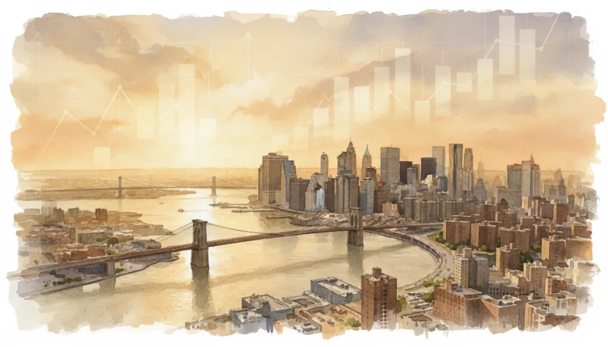 professional aerial view of Manhattan and Brooklyn skyline at golden hour, subtle financial charts overlaid in the sky, neutral color palette