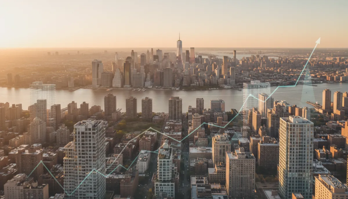 professional neutral-toned aerial view of Manhattan and Brooklyn skyline at golden hour, subtle overlay of interest rate graph lines and apartment buildings, modern clean style