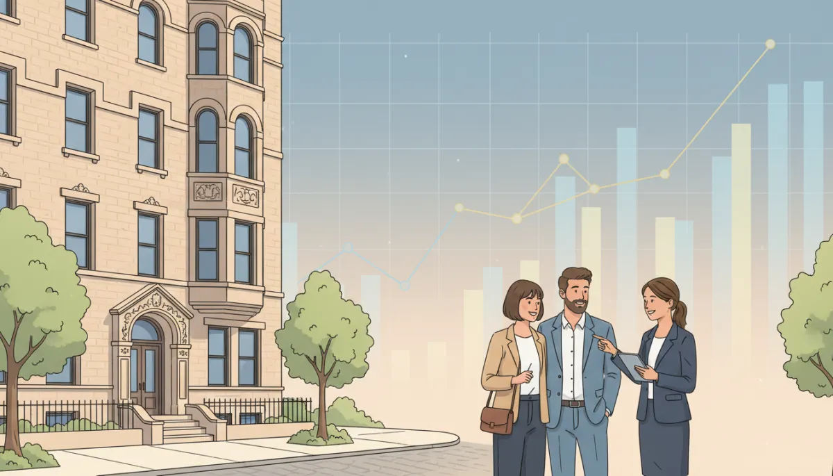 professional neutral-toned street-level view of a young couple with a real estate agent outside a prewar NYC apartment building, soft afternoon light, subtle financial graphs faintly overlaid in the sky