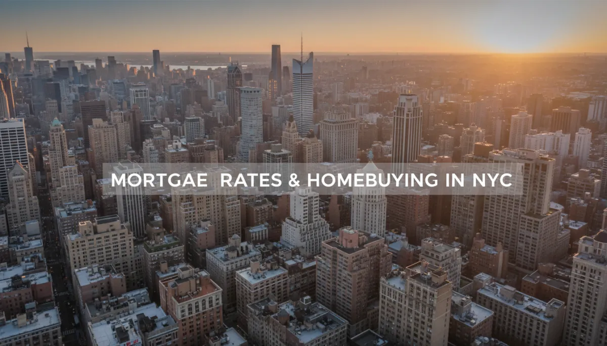 professional style aerial view of Manhattan residential buildings at sunset, muted neutral tones, subtle overlay text about interest rates and homebuying