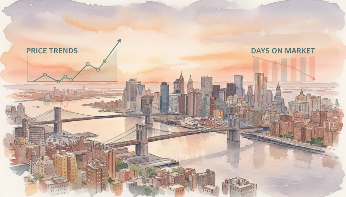 professional neutral-toned aerial view of Manhattan and Brooklyn at sunset, subtle data graphics overlaid showing days on market and price trends, clean modern typography for overlay text