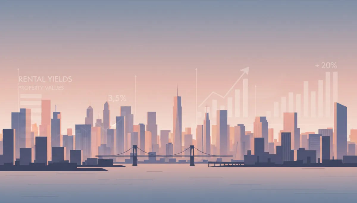professional, neutral-toned panoramic view of Manhattan and Brooklyn skyline at late summer sunset, subtle overlay of housing market charts and numbers, clean modern typography suggesting data-driven real estate insights