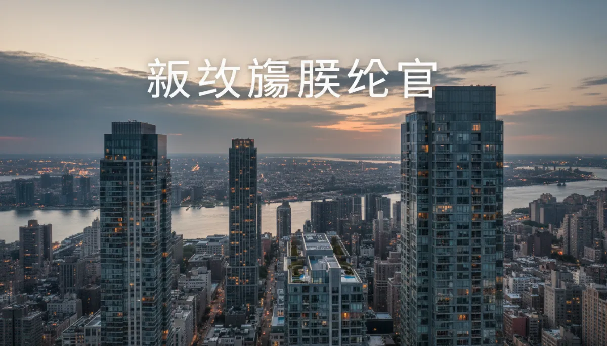 professional style aerial view of Manhattan skyline at dusk with luxury condo towers and Brooklyn in the distance, subtle neutral color palette, modern typography overlay in Chinese