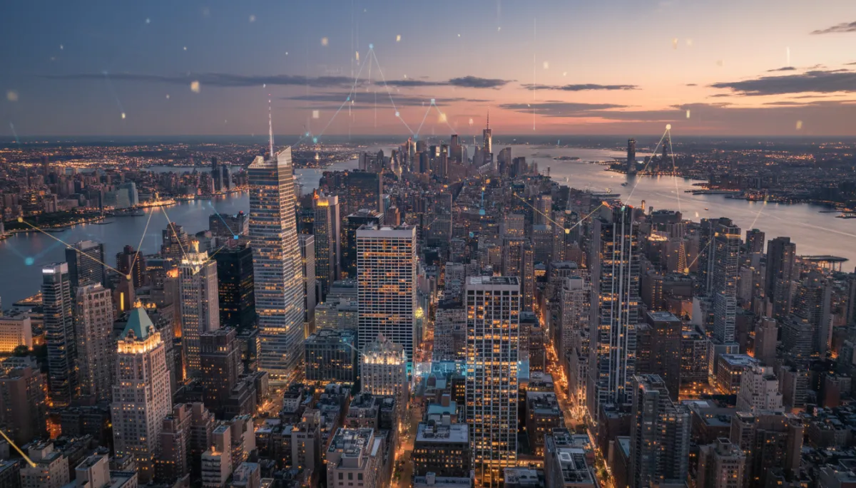 professional, neutral-toned aerial view of Manhattan skyline at dusk with highlighted luxury high-rise towers and mid-rise buildings, subtle data graphics overlay suggesting market statistics