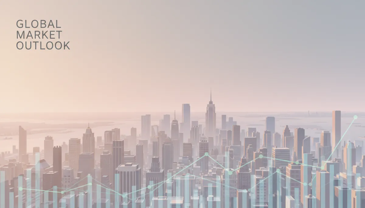 professional neutral-toned aerial view of Manhattan skyline at sunset with subtle financial charts overlaid, clean modern typography for report title in corner