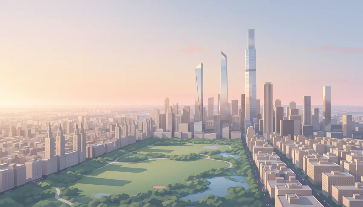 professional aerial view of Manhattan skyline at sunset, focus on luxury condo towers and Central Park, neutral color palette, clean professional style