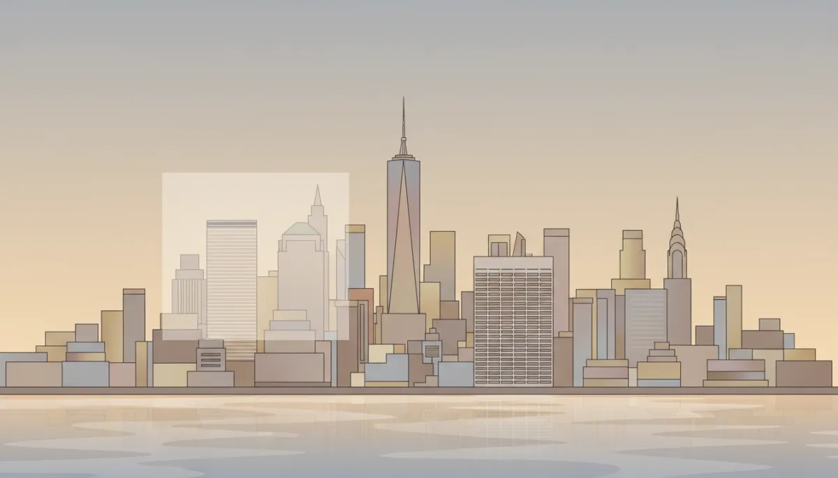 professional neutral-toned aerial view of Manhattan skyline at golden hour, subtle overlay text area, calm modern feel