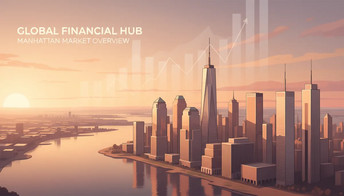 professional style aerial view of Manhattan skyline at sunset, warm neutral tones, subtle financial charts overlayed in the sky, clean modern typography for title in Helvetica Neue