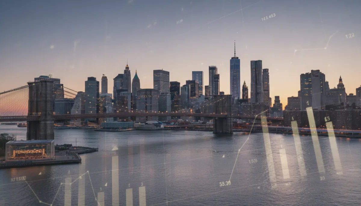 professional neutral-toned panoramic view of Manhattan and Brooklyn skylines at dusk, subtle overlay of housing market charts and numbers, calm sophisticated aesthetic