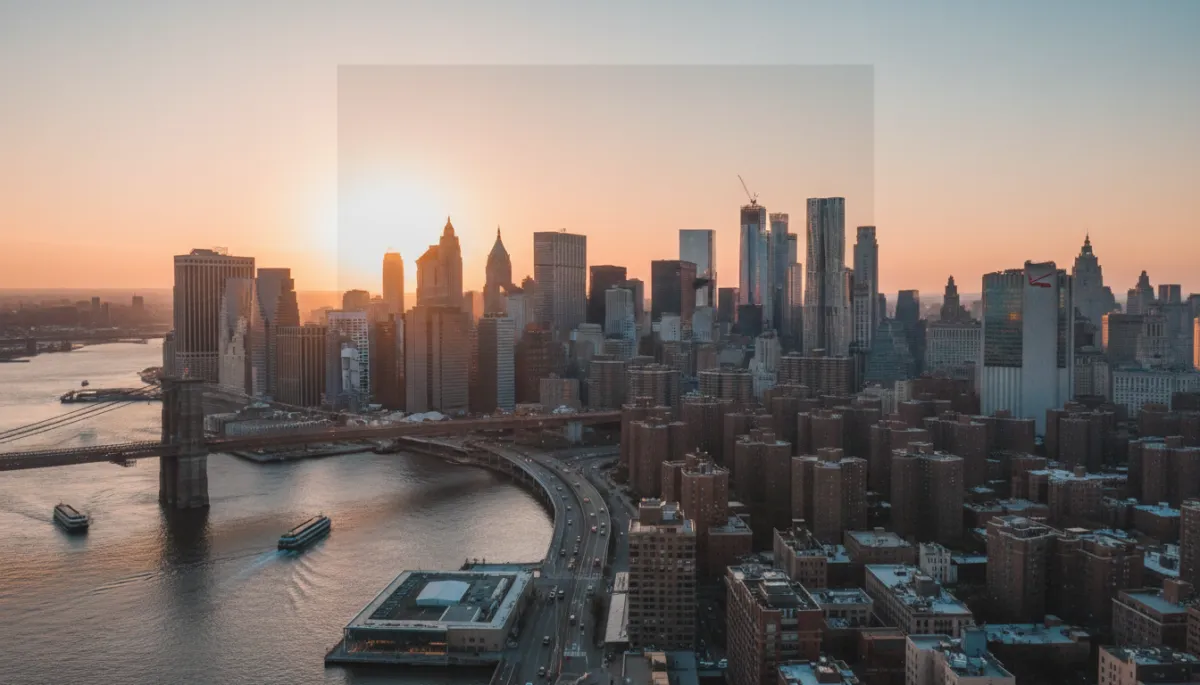 professional style, neutral color palette aerial view of Manhattan and Brooklyn skyline at sunset, subtle text overlay space in the sky area, modern real estate theme
