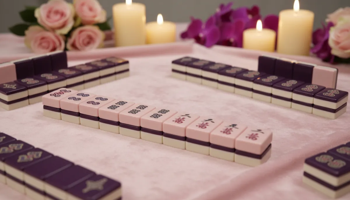 Close up of blush pink and deep purple American mahjong tiles on cream racks over a blush mat