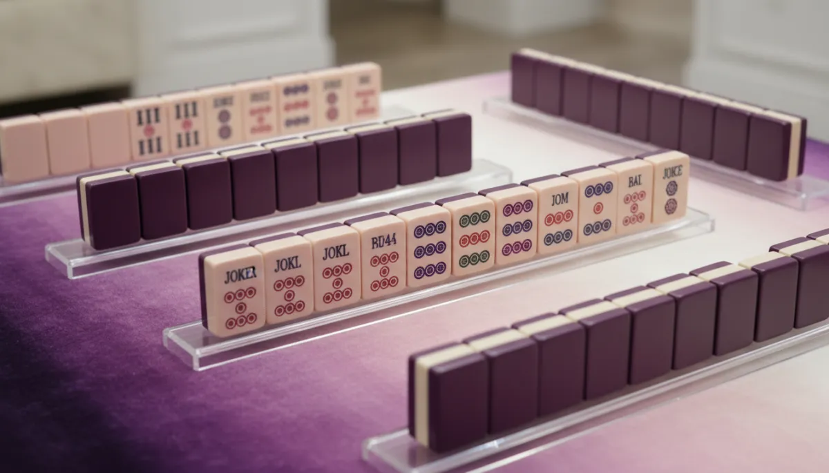 Close up of handcrafted American mahjong tiles on racks in soft colors