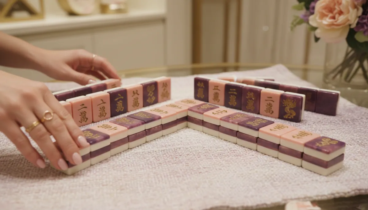 Close up of elegant American mahjong tiles and racks on a soft boutique style mat